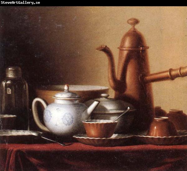 unknow artist Still life of a chocolate pot,teapot,sucrier,bowl,teajar,tea cups and saucers,and silver spoons,all upon a draped table top